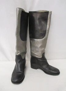 Chanel Black Silver Leather Knee High Riding Boots Size 36 - Picture 1 of 3