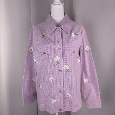 Quacker Factory Jacket Womens Medium Purple Gingham Daisy Floral Embroidered Vtg - Image 1 of 4