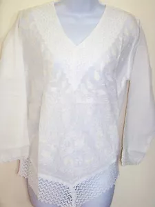 White Cotton Embroidered Tunic Top Kurti Lace V Neck from India - Picture 1 of 3
