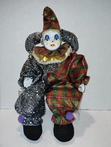 Gorgeous 21" Harlequin Mardi Gras Jester Clown Porcelain Silver Sequence & Plaid - Picture 1 of 13