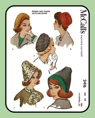 Misses HAT Pattern Beret PILLBOX Reversible TURBAN 23" McCall's 2416 VTG 1960 - Image 1 of 4