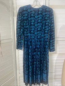 Vintage 80s Lanz Dress Women’s Multicolor Black Teal Floral Fit Flare Midi Med - Picture 1 of 9