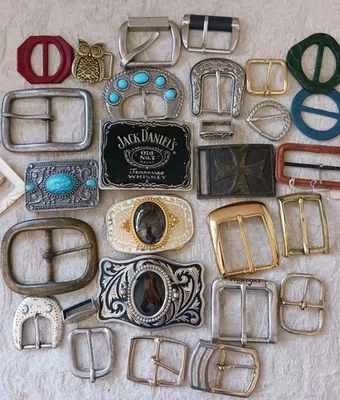 Lot of 26 Vintage Belt Buckles Brass Plastic Western Metal w Stones Etched Silv - Image 1 of 4