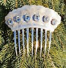 Victorian Etched Sterling Silver Hair Comb Bright Paste Crystal Jewels 4.5'