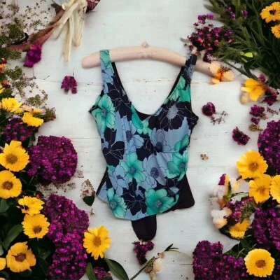 Maxine Of Hollywood Blue Floral Cross Over One Piece Bathing Swimsuit Size 22W  - Image 1 of 4