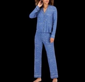 Jenni Womens Long Sleeve 2 Piece Pajama Set Notch Collar Splatter Moonlight Blue - Picture 1 of 13