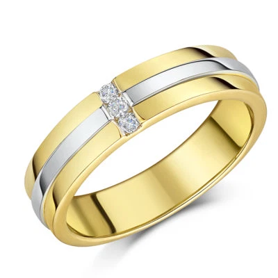 5mm Two Colour 9ct Wedding Gold Band 0.10ct Diamond Ring Flat Shaped Hallmarked - Image 1 of 4