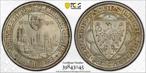 1931-A Germany WEIMAR Republic 3 Mark Silver Coin Magdeburg PCGS UNC-Details  - Picture 1 of 1