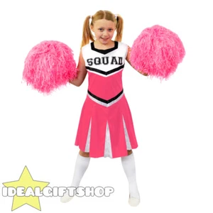 CHILDS PINK HIGH SCHOOL CHEERLEADER GIRLS FANCY DRESS COSTUME WITH POM POMS - Picture 1 of 5