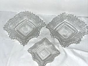 3 Vintage Federal Glass Traditions Clear Diamond Square Bon Bon Candy Dishes Set - Picture 1 of 5