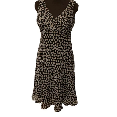 Adrianna Papell Petites Black Tan Polka Dot 100% Silk Y2K Midi Dress Size 10P - Image 1 of 4