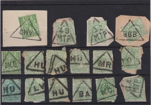 Colección de estampillas GB KEVII y KGV con matasellos triangulares en una tarjeta de stock - Imagen 1 de 1