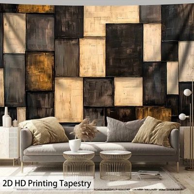 Tapiz de patrón de bloque geométrico retro ultra grande de 1 pieza - Polies de impresión digital HD Foto 1 de 4