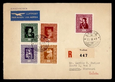 ДОКТОР КТО 1949 ЛИХТЕНШТЕЙН FDC КОМБО ИСКУССТВА ЗАРЕГИСТРИРОВАННАЯ АВИАПОЧТА В США M56697 - Изображение 1 из 2