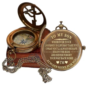 Sohn Geschenke Mama und Papa, meinem Sohn Kompass kommt genarbtes Lederetui Messing Maritim... - Bild 1 von 9