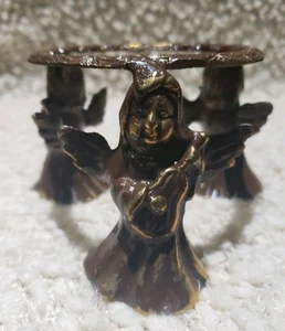 Brown Brass Winged Angel Cherubs String Instrument Orb Egg Ball Holder Stand 4" - Picture 1 of 8