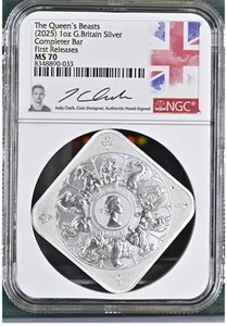 🇺🇸2025 UK S£2 QUEEN'S BEASTS COMPLETER 1oz BAR MS70 FR JODY CLARK SIGNED #033 - Picture 1 of 9