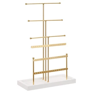 Jewelry Stand Holder 6 Tier Metal Earring Tower with Wood Tray - Gold - Picture 1 of 6