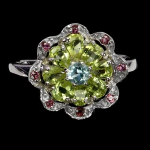 925 Sterling Silver Ring Pear Peridot Rhodolite Garnet Topaz Gemstone Jewelry 9 - Picture 1 of 13