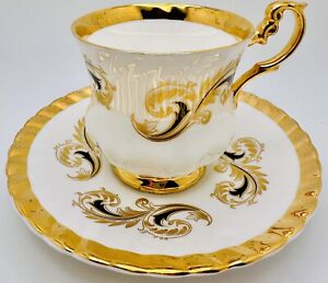 Vintage Rosina England Footed Cup & Saucer Black Scroll Heavy Gold; Teacup
