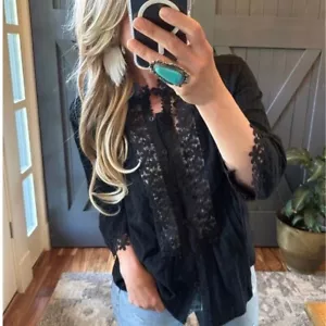 XL New Bohemian Black Lace 3/4 Sleeve Mock Neck Top Blouse Shirt Womens X-LARGE - Picture 1 of 11