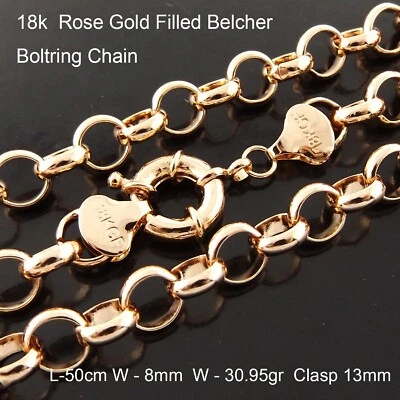 Gold Bolt Ring Necklace Real 18kt Rose Filled Solid Belcher Rolo Chain 50cm 20" - image 1 of 4