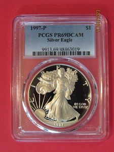 1997-P SILVER EAGLE PROOF "PCGS PR69DCAM" !!! ERROR COIN/LABEL !!!! "1997/1987" - Picture 1 of 2