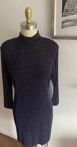 Carol Anderson Dress Shimmer Navy Blue Size 8 Long Sleeves Midi Mock Neck - Picture 1 of 10