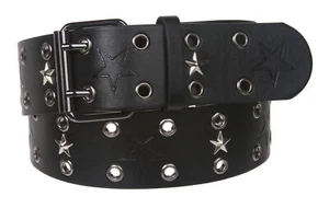 Men's Double Prong Star Studs and Grommets Leather Belt - Picture 1 of 4