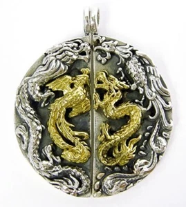 JAPANESE DESIGNS "DRAGON & PHOENIX" SOLID STERLING 925 SILVER PENDANT - Picture 1 of 8
