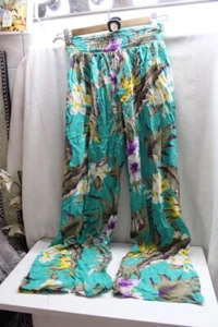 ULUVVATU Green Purple Flora Resort Wear Wide Slit Leg Flare Pants Beach Coverup - Picture 1 of 4