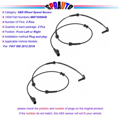 2 ABS Wheel Speed Sensor Front Driver Passenger Side For FIAT 500 12-19 68073058 - Image 1 of 4