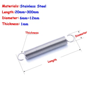 1mm Thick Stainless Steel Tension Spring Hook 20~300mm Length 6 to 12mm Diameter - Picture 1 of 7