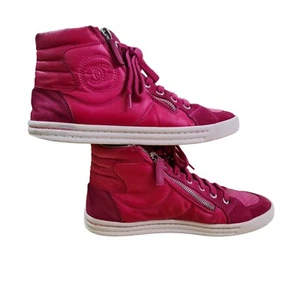 Chanel Shoes Pink Double Zip Pearl CC Nylon Suede High Top Sneakers Size 36.5 - Picture 1 of 21