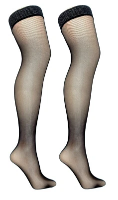 SILKYSENSATION Micronet Hold Ups With Glitter Top Lace Black or Royal Blue One Size