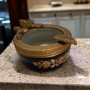 Antique French Ashtray w Gold Ormolu Gilt Gilded Porcelain Trinket  - Picture 1 of 5