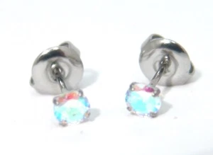 Aurora Borealis Implant Grade Titanium Earrings 4 mm Cubic Zirconia SMALL - Picture 1 of 3