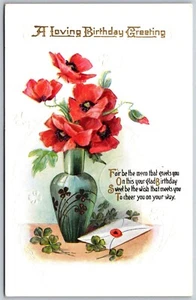 Vintage Geburtstagsgrüße Blumen Vase Kleeblatt geprägt 1910er unbenutzt Postkarte - Bild 1 von 2
