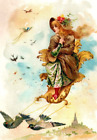Au Bon Marche Paris  Victorian Trade Card Loiseau Bleu Woman Flying With Pigeons