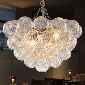Bubble Glass Ball Chandelier Nickel-Plated Light Fixtures Swirled Clear Ribbe... - Picture 1 of 9