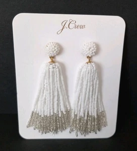 J. Crew White Seed Bead Long Dangle Tassel Earrings, Summer, New On Card - Picture 1 of 6
