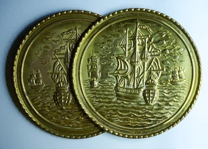 Pair of Mid‑Century Brass Wall Plaques – Three Tall Ships – Made in England - Picture 1 of 8