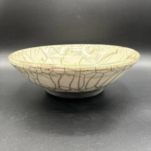 Raku Studio Kunstkeramik Keramikschale Crackle Glasur grüner Akzent signiert 9,5" 1994 - Bild 1 von 6