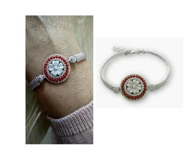 Bracciale di corallo rosso naturale da donna in argento 925 con pietre e cammeo - Immagine 1 di 3