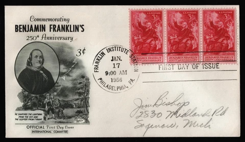 #1073 3c Benjamin Franklin-Strip of 3, Fleetwood H/C FDC **ANY 5=FREE SHIPPING** Cover