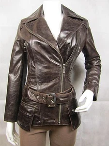 Damen Braun Glasur Leder Slim Tight Fitted Biker Jacke Fahrrad - Bild 1 von 12