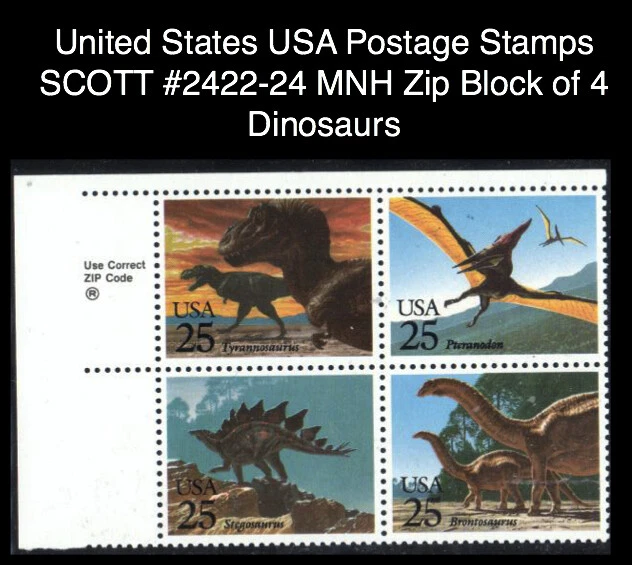 United States USA Postage Stamps SCOTT #2422-24 MNH Zip Block of 4 Dinosaurs - Image 1 of 1