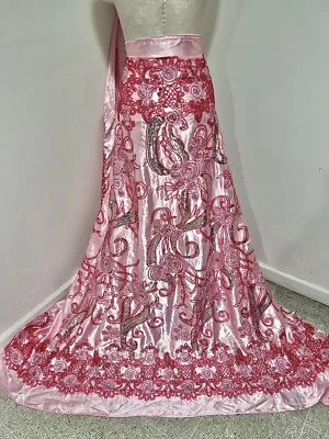 PINK Satin W/Embroidery sequins Lace fabric 50” Width Sold By Yard - Image 1 of 4