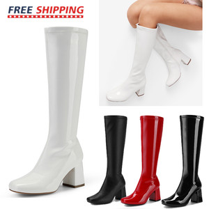 Women Gogo Boots Square Toe Chunky Block Heel Fashion Knee High Boots Zip Up