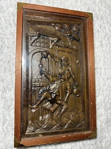 Vintage handgeschnitzte Holzskulptur Wandkunst gerahmt Volksstätte Szene (Deutschland?) - Bild 1 von 7